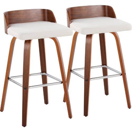 Maya 30" Swivel Bar Stool in Walnut Wood & Cream Fabric w/ Chrome Footrest (Set of 2)